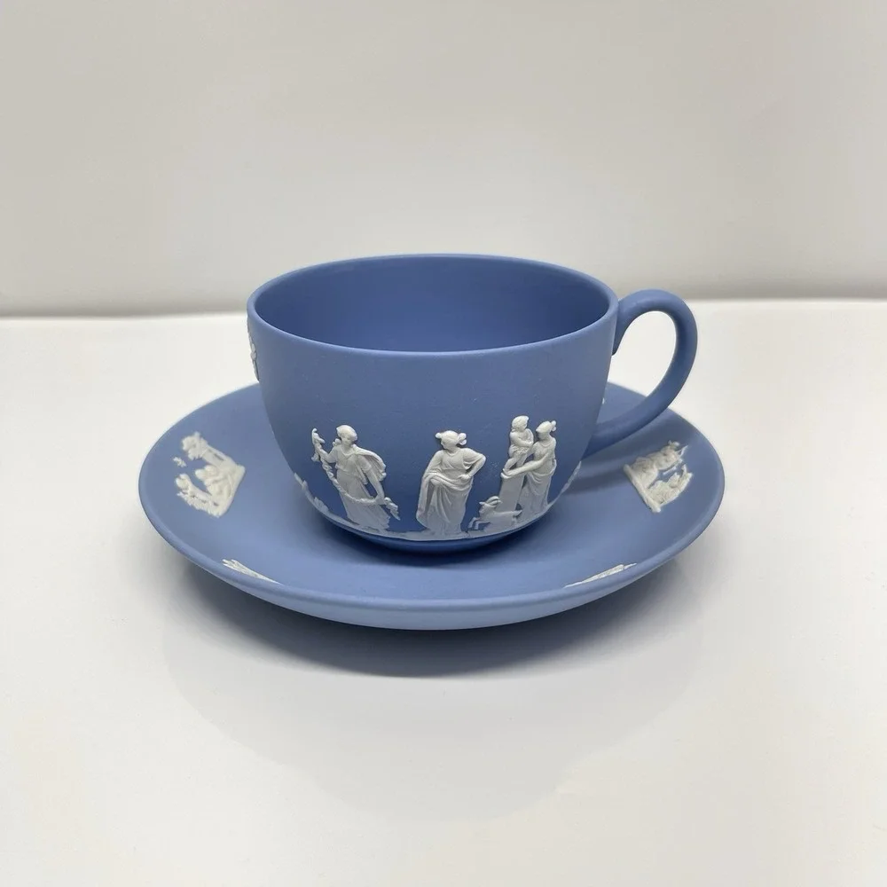 Vintage 1957 Wedgewood Jasperware Pale Blue Demitasse Tea Cup & Saucer England
